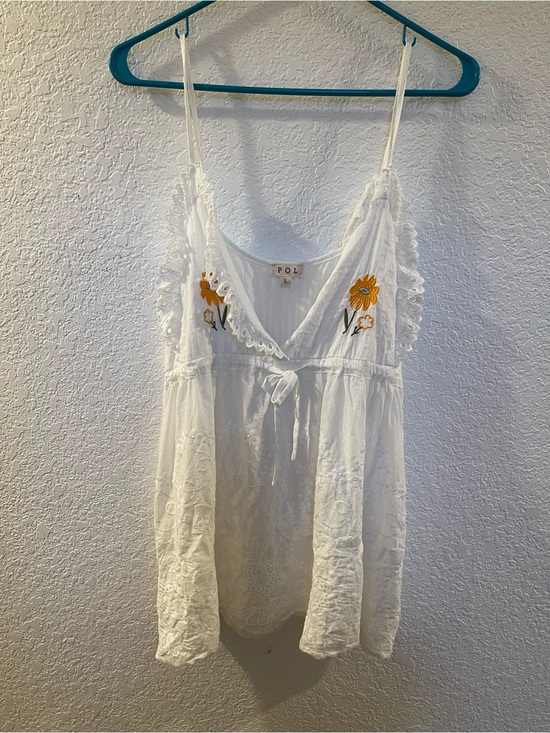 POL Tops - POL White Eyelet V-Neck Tank with Yellow Floral Embroidery